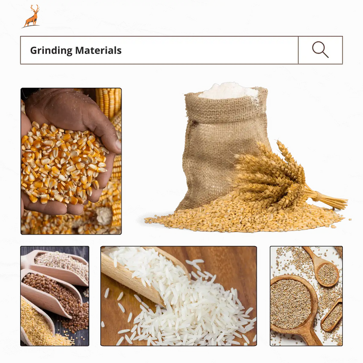 Collage of images showing grinding materials including corn, wheat, and rice.